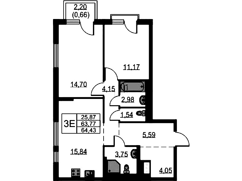 2-комнатная квартира 64.43 м², 11/18 эт., ЖК «Невская Долина»